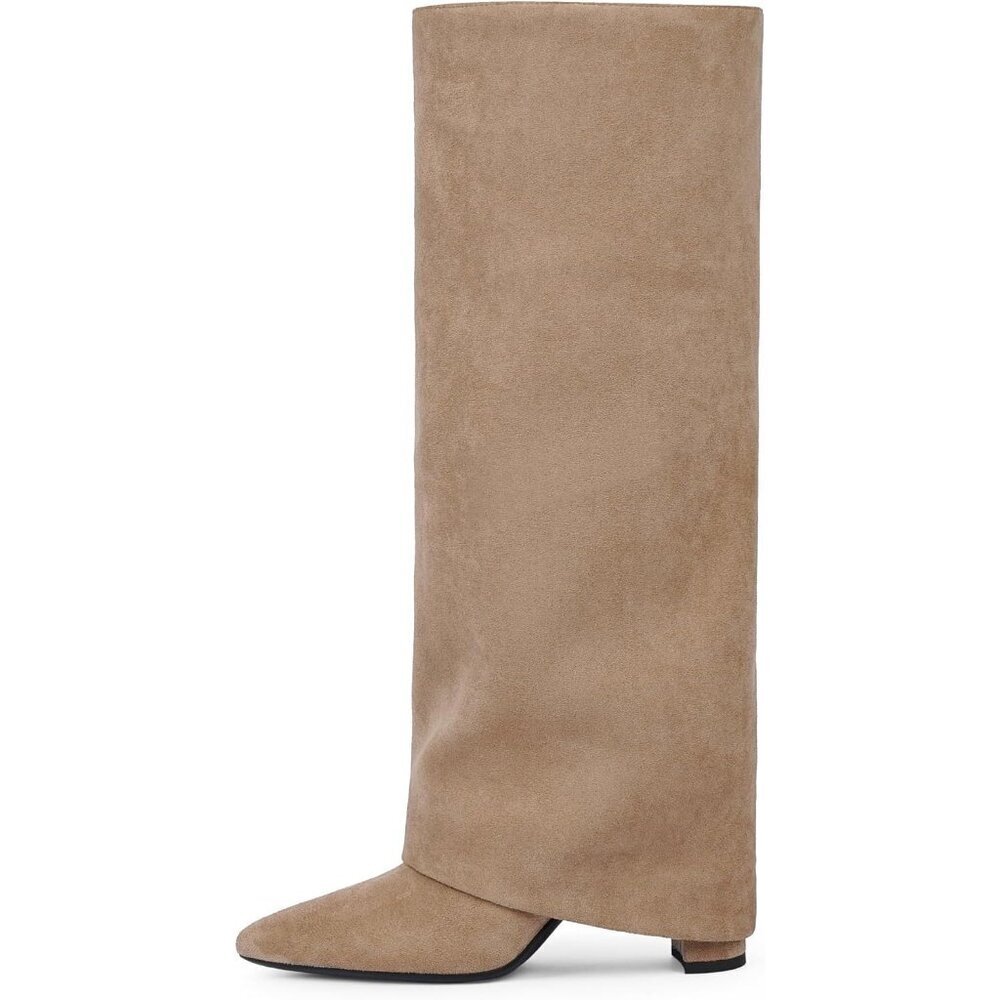 Women's Camel Modatope Knee High Fold Over Chunky Heels Zipper Tall Boots - Picture 2 of 8